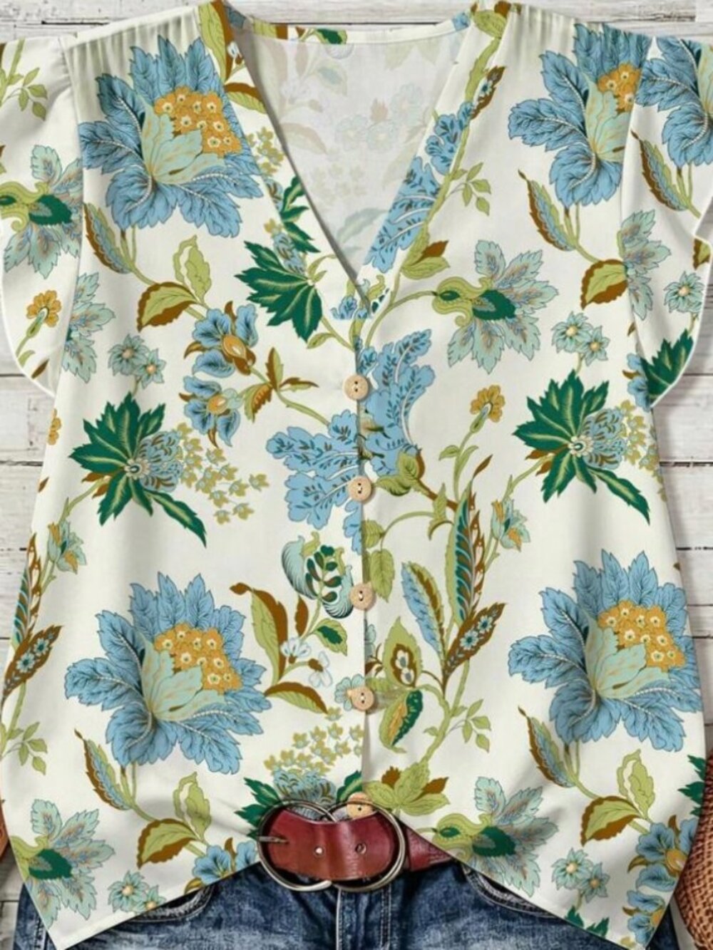 Tropical Floral Print Flutter Sleeve Blouse